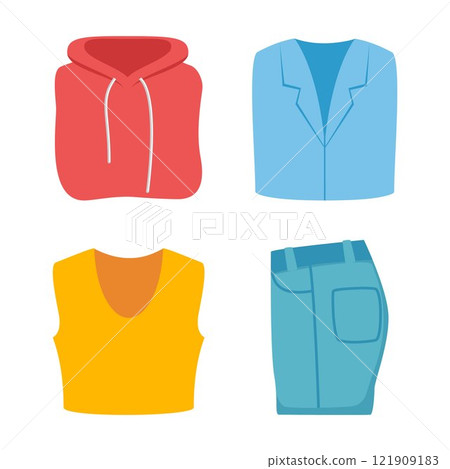 Colorful casual collection of folded clothes. Top view of lying folded trousers, T-shirt, sweatshirt, jacket. Vector illustration. Colorful casual collection of folded clothes. Top view of lying folded trousers, T-shirt, sweatshirt, jacket. Vector illustration. 121909183