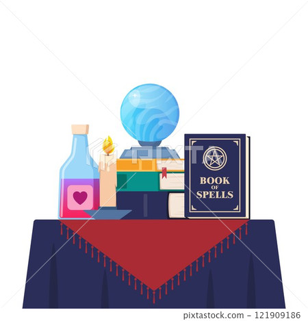 Magician tools cute composition. Wizard magic mystery amulet, spell book, crystal ball, magic bottle with elixir. Vector illustration. 121909186
