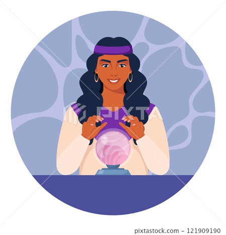 Gypsy woman fortune teller character predicts fate at table with magic sphere. Witchcraft of woman over crystal ball. Vector illustration. 121909190