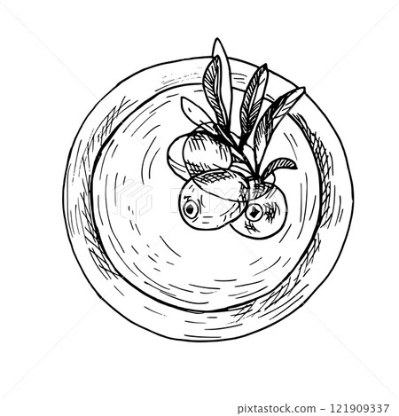Olives Branch in Olive Oil Bowl. Top view. Hand drawn vector illustration in outline style. Sketch for menu, product package, kitchen and food design Olives Branch in Olive Oil Bowl. Top view. Hand drawn vector illustration in outline style. Sketch for menu, product package, kitchen and food design 121909337