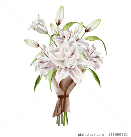 Bouquet of lilies. Vintage retro bouquet of lilies and buds. Delicate white and pink lilies. Craft paper wrapper for bouquet. Tied with a rope. Watercolor illustration without background. Bouquet of lilies. Vintage retro bouquet of lilies and buds. Delicate white and pink lilies. Craft paper wrapper for bouquet. Tied with a rope. Watercolor illustration without background. 121909381