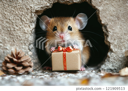 Mouse peeking out of its burrow, holding a gift 121909513
