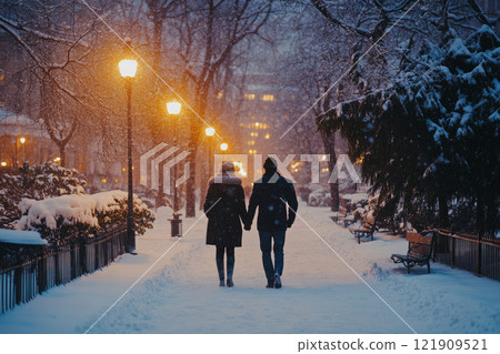 Couple walks hand in hand through snow covered park 121909521