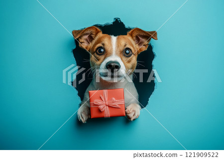 Dog peeks through a hole in a wall, holding a wrapped present with a ribbon 121909522