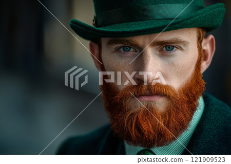 Stylish man with a red beard wears a green suit, tie, and hat 121909523