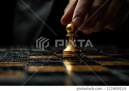 Hand moving chess figure on chessboard 121909524