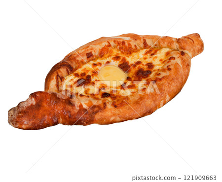 Khachapuri isolated on white background. Baked tortilla with egg and cheese. Adjarian-style khachapuri is a dish of Georgian cuisine, a national flour product. Bread loaf top view Khachapuri isolated on white background. Baked tortilla with egg and cheese. Adjarian-style khachapuri is a dish of Georgian cuisine, a national flour product. Bread loaf top view 121909663