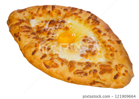 Khachapuri isolated on white background. Baked tortilla with egg and cheese. Adjarian food is a Georgian cuisine, a national flour product. Bread loaf top view. Boat open pie 121909664