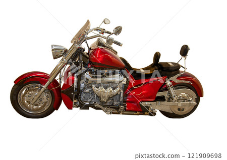 Red motorcycle isolated on white background. Two-wheeled vehicle 121909698