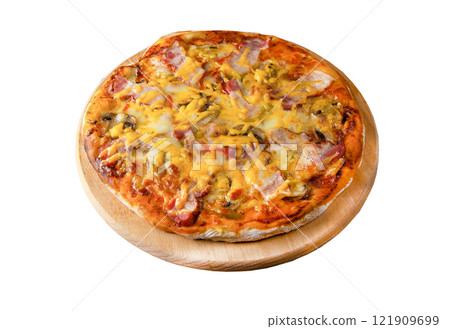Round homemade pizza on a wooden board isolated on white background. Traditional simple pizza with thick crust 121909699