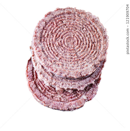 Semi-finished products isolated on a white background. Frozen meat cutlets. Meat product from pork, beef. Round flat burger cutlet 121909704