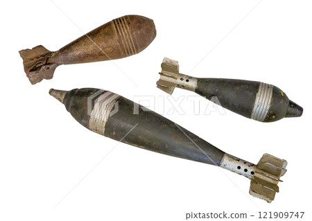 Projectile, bomb, rocket isolated on white background. Large exploding military weapon, dropped from the air. The shell of the second world war. Projectile, bomb, rocket isolated on white background. Large exploding military weapon, dropped from the air. The shell of the second world war. 121909747