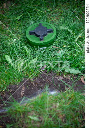 A green mine lies on the ground camouflaged in green grass. Weapon bomb anti-personnel mine. Projectile of war. 121909764