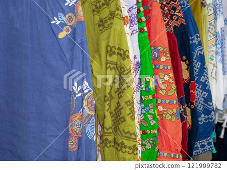 Vyshyvanka is a traditional national Ukrainian dress. A set of different embroidered blouses. 121909782