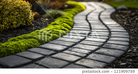 Garden stone path with grass growing up between the stones 121909789