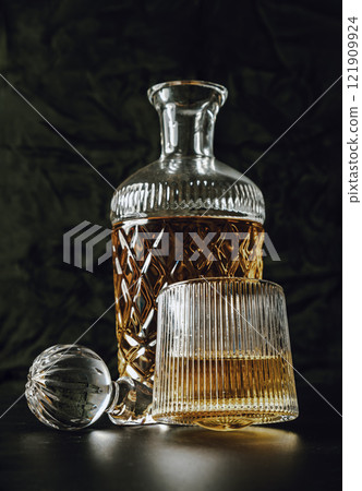 Design elements of The crystal decanter of whiskey, Glass Lid with Whiskey glass on dark background with reflection. Design elements of The crystal decanter of whiskey, Glass Lid with Whiskey glass on dark background with reflection. 121909924