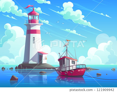 Fishing boat in the sea in front of the lighthouse on the rock 121909942