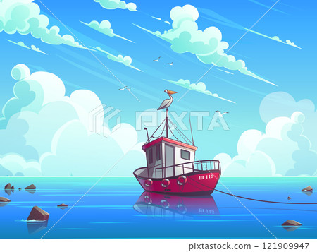 Fishing boat at sea - Ship on ocean wave Fishing boat at sea - Ship on ocean wave 121909947
