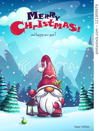 Merry Christmas card gnome in snowy clearing among 121909974