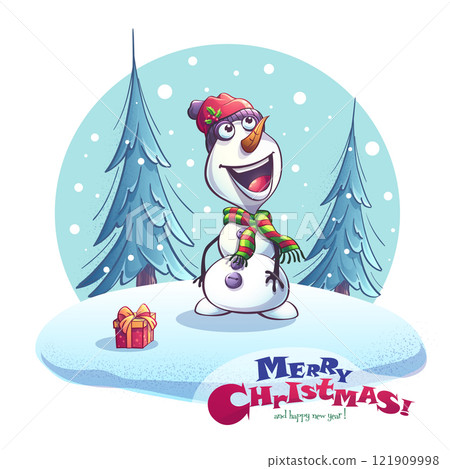 Cute snowman, Christmas tree 121909998