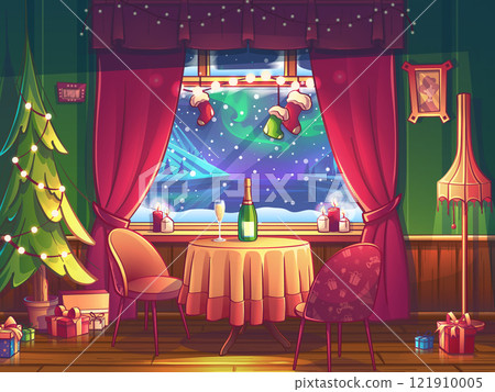 Color illustration cartoon interior with winter landscape Color illustration cartoon interior with winter landscape 121910005