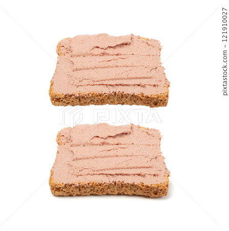 Meat Paste Toast Bread Isolated, Tuna Pate Sandwiches, Terrine Toasts, Chopped Liver Mousse, Fish Paste Canape 121910027