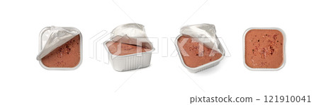 Pet Food in Metal Packaging Isolated, Wet Food for Cats, Dog Canned Pate, Open Pet Food on White Pet Food in Metal Packaging Isolated, Wet Food for Cats, Dog Canned Pate, Open Pet Food on White 121910041