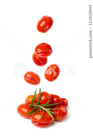 Falling Pickled Cherry Tomatoes Isolated, Flying Small Tomato, Healthy Fermented Vegetables Falling Pickled Cherry Tomatoes Isolated, Flying Small Tomato, Healthy Fermented Vegetables 121910045