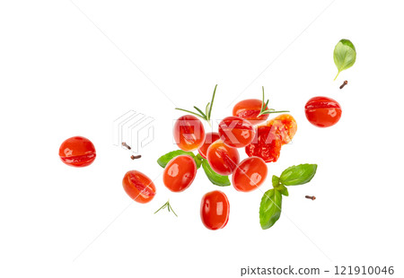 Falling Pickled Cherry Tomatoes Isolated, Flying Small Tomato, Healthy Fermented Vegetables Falling Pickled Cherry Tomatoes Isolated, Flying Small Tomato, Healthy Fermented Vegetables 121910046