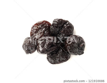 Dry Plums Isolated, Dried Black Fruits, Prune Group, Dry Plum Fruit on White Background 121910086