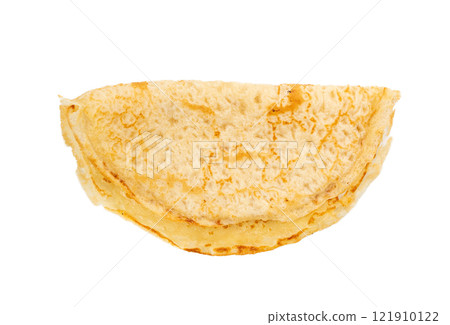 Pancakes isolated, Eastern European crepe, thin blini, slapjack roll, popular morning food on white 121910122