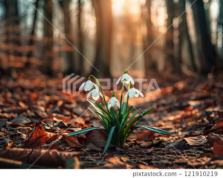 Snowdrop Blooms Beautifully in a Serene Forest Setting at the Perfect Sunset Hour. Snowdrop Days Snowdrop Blooms Beautifully in a Serene Forest Setting at the Perfect Sunset Hour. Snowdrop Days 121910219