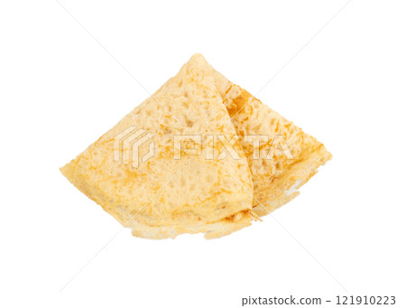 Pancakes isolated, Eastern European crepe, thin blini, slapjack roll, popular morning food on white 121910223