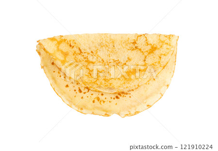 Pancakes isolated, Eastern European crepe, thin blini, slapjack roll, popular morning food on white 121910224