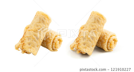 Stuffed pancakes, Eastern European rolled crepe, pancakes filled with meat, thin blini, stuffed rolls pile Stuffed pancakes, Eastern European rolled crepe, pancakes filled with meat, thin blini, stuffed rolls pile 121910227