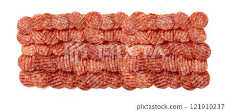 Salami chips isolated, wavy sausage slices, sliced dry chorizo, sausages thin pieces, pepperoni pizza ingredient Salami chips isolated, wavy sausage slices, sliced dry chorizo, sausages thin pieces, pepperoni pizza ingredient 121910237