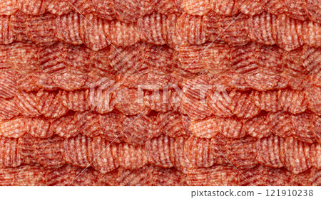 Salami chips isolated, wavy sausage slices, sliced dry chorizo, sausages thin pieces, pepperoni pizza ingredient 121910238