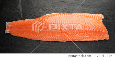 Fresh Salmon Fillet, Raw Norwegian Red Fish, Trout Meat Piece, Big Fresh Atlantic Salmon Fillet on Black Fresh Salmon Fillet, Raw Norwegian Red Fish, Trout Meat Piece, Big Fresh Atlantic Salmon Fillet on Black 121910246