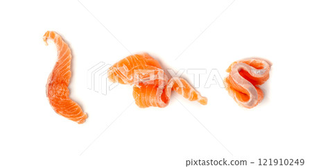 Fresh Salmon Fillet Slice Isolated, Raw Norwegian Red Fish, Trout Meat Piece on White 121910249
