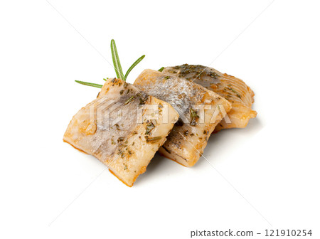 Salted Herring Fillet Isolated, Raw Pickled Fish Meat, Marinated Herring on White Background 121910254
