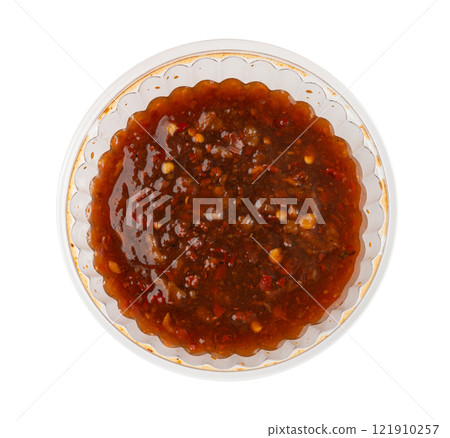 Nuoc Cham Orange Sauce Isolated, Red Asian Jelly Dip Smear, Hot Pepper Vietnamese Sauce 121910257