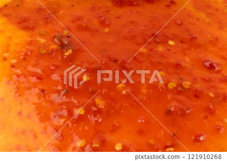 Nuoc Cham Orange Sauce Texture Background, Red Asian Jelly Dip Smear Pattern, Hot Pepper 121910268