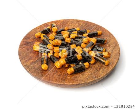 Senbei isolated, kaki no tane rice crackers, japanese crispy snack, sembei, okaki with wasabi, nori 121910284
