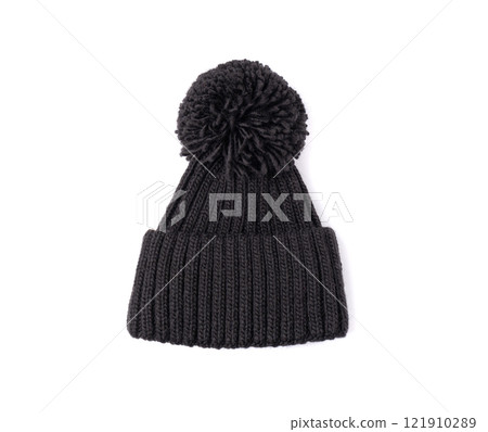 Winter Hat Isolated, Knitted Cap, Beige Winter Hat on White Background 121910289