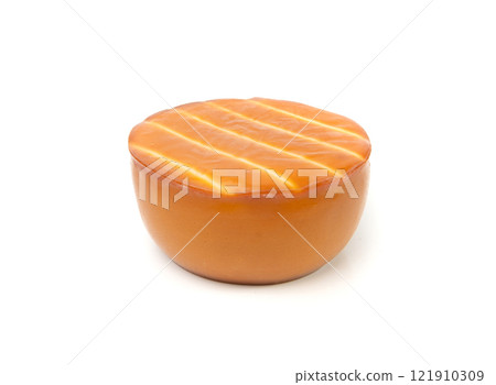 Smoked Round Cheese Isolated, Camel Milk Cheese, Mountain Snack, Sheep Milk Product on White Smoked Round Cheese Isolated, Camel Milk Cheese, Mountain Snack, Sheep Milk Product on White 121910309