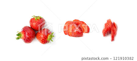 Strawberry pieces isolated, red berry cut set, fresh strawberries slices, summer food ingredient 121910382
