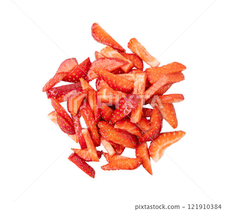 Strawberry pieces isolated, red berry cut set, fresh strawberries slices, summer food ingredient 121910384