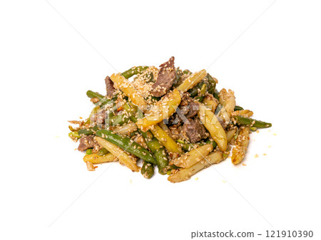 Stir Frying Beef with Green String Beans Isolated, Fried French Beans with Meat on White 121910390