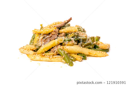 Stir Frying Beef with Green String Beans Isolated, Fried French Beans with Meat on White 121910391