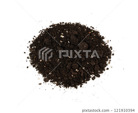 Succulent soil isolated. Dried dry dirt, ground pile, manure soil, arid dirt, natural black turf, dirty earth texture 121910394